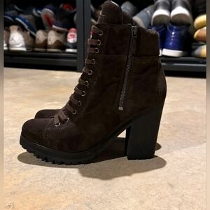 Brand New Prada Suede Heel Double Zipper Ankle Boots Brown Women’s EU 39 Auth